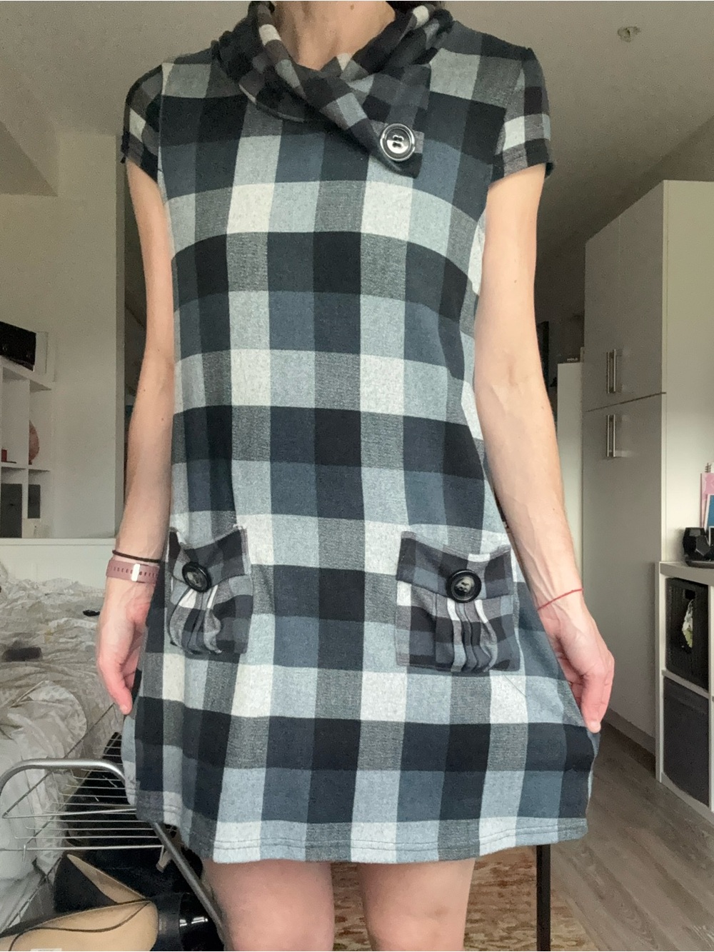 Papillon Grey & Black Plaid Cowl Neck Tunic / Mini Dress